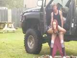 Amateur redhead in 4x4 gets fucked in public
